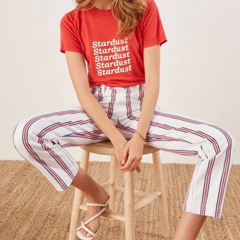Reformation White Jeans with Red and Blue Stripes